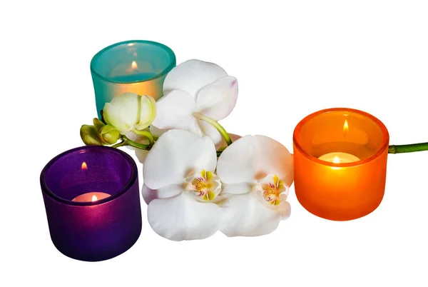 White orchid and  candles isolated on  white background — Stock Photo, Image