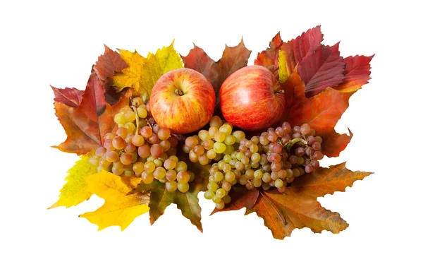 Manzanas, uvas y hojas de otoño aisladas sobre fondo blanco — Foto de Stock