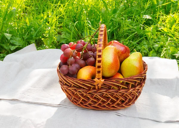 Panier avec des fruits sur la serviette — Photo