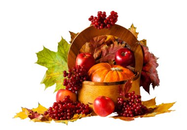 Kabak ve elma ahşap sepet beyaz arka plan üzerinde izole içinde