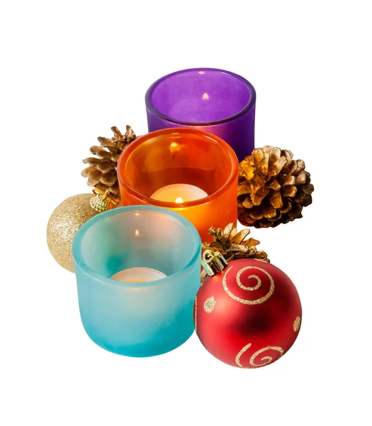 Christmas composition of balls and candles isolated on white background. Selective focus — Stock Photo, Image