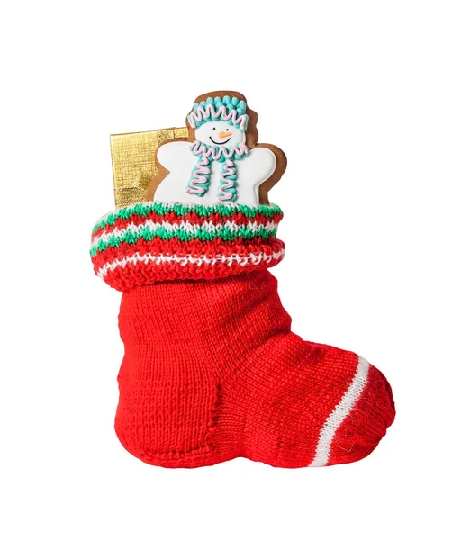 Christmas stocking with gingerbread cookie and gift  isolated — Stock Photo, Image