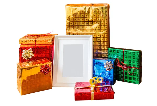 White frame and gifts isolated on white background — Stock Photo, Image