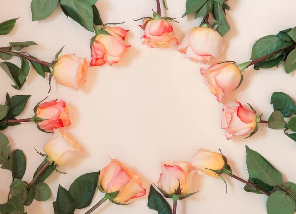 Moldura redonda floral feita de rosas rosa no fundo bege . — Fotografia de Stock