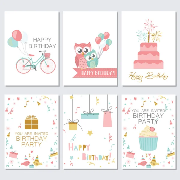 Urodziny, kartki i zaproszenia karty z ciasta, balony i ptaki — Wektor stockowy