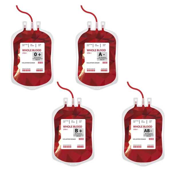 Illustrazione vettoriale sacca di sangue con etichetta gruppo sanguigno diverso sistema ABO e Rh — Vettoriale Stock