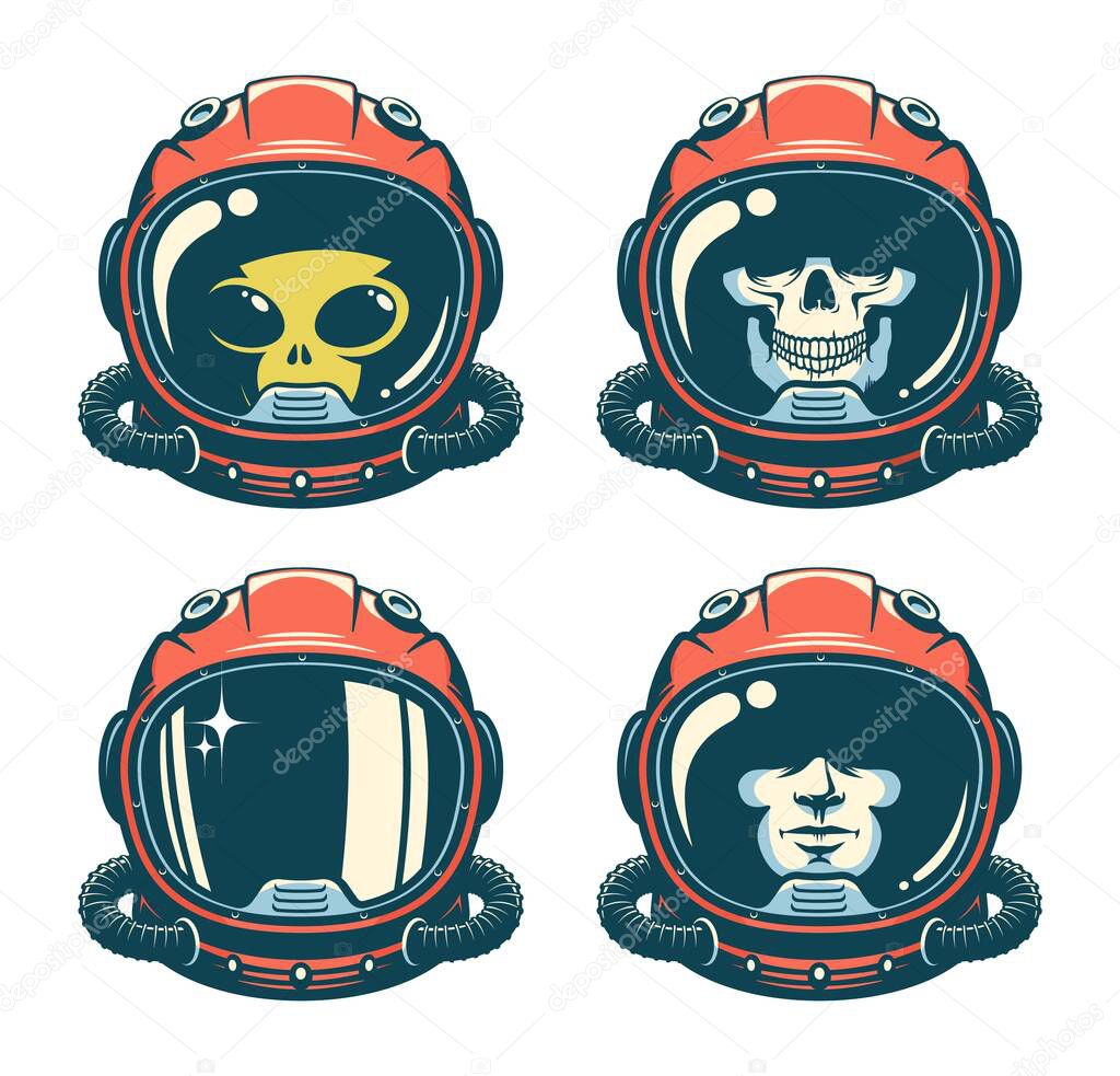 Astronaut helmet with skull - retro style. Spaceman face in space suit - vintage design. Alien cosmonaut. Vector illustration.