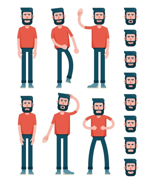 Barbudo personaje de hombre plano en camiseta — Vector de stock