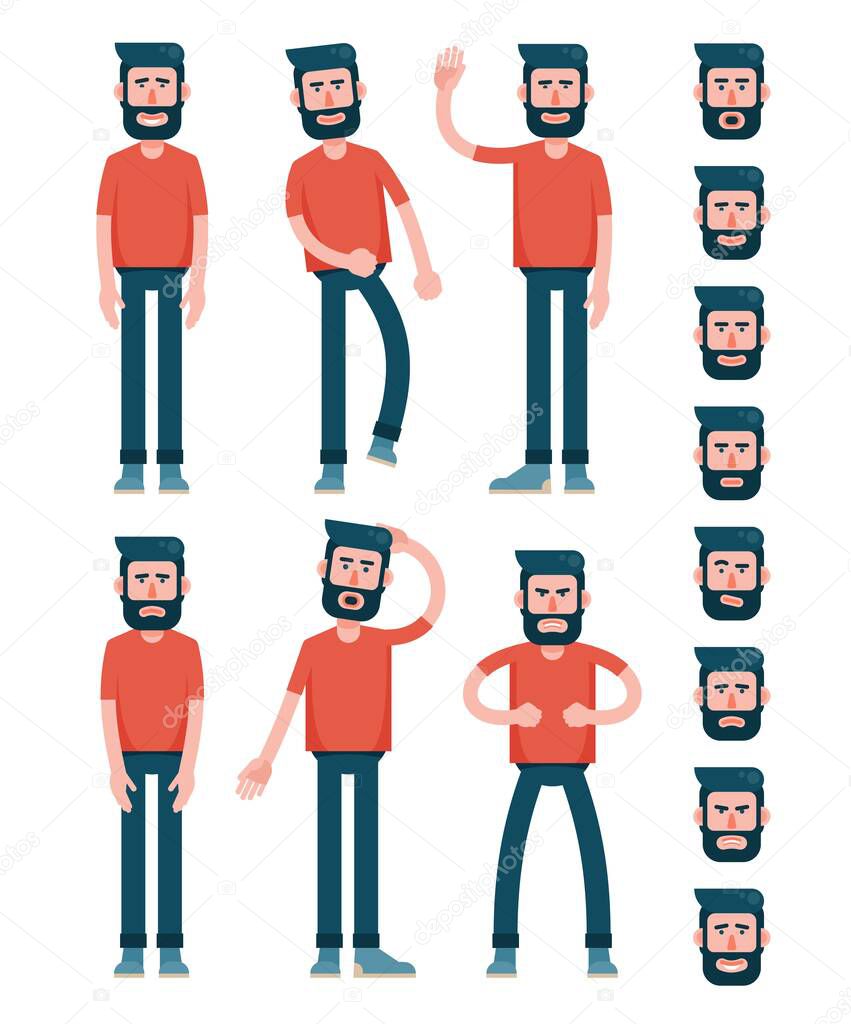 Bearded flat man character in T-shirt