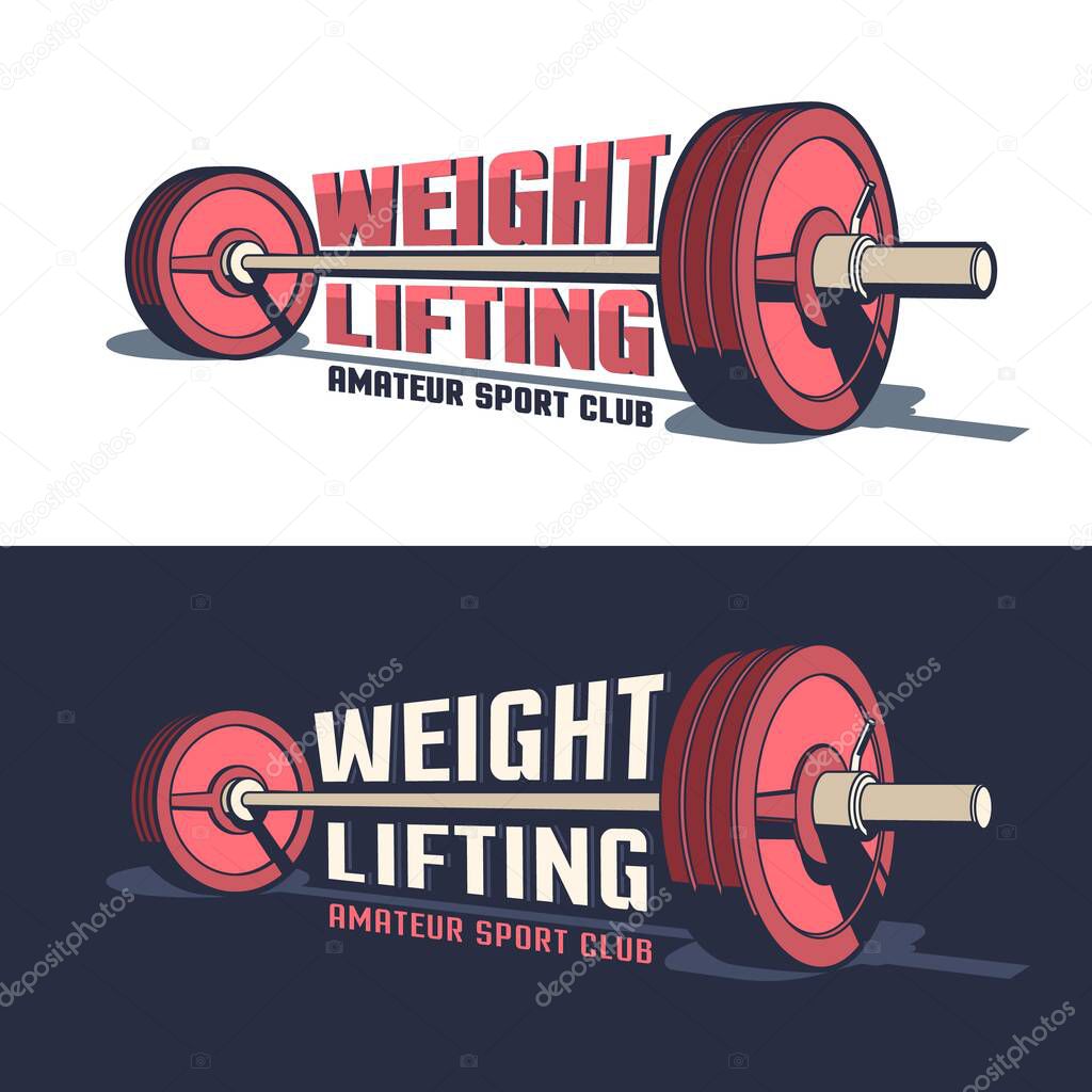 Weightlifting or powerlifting sports vintage emblem with a barbell in 3D style and inscriptions
