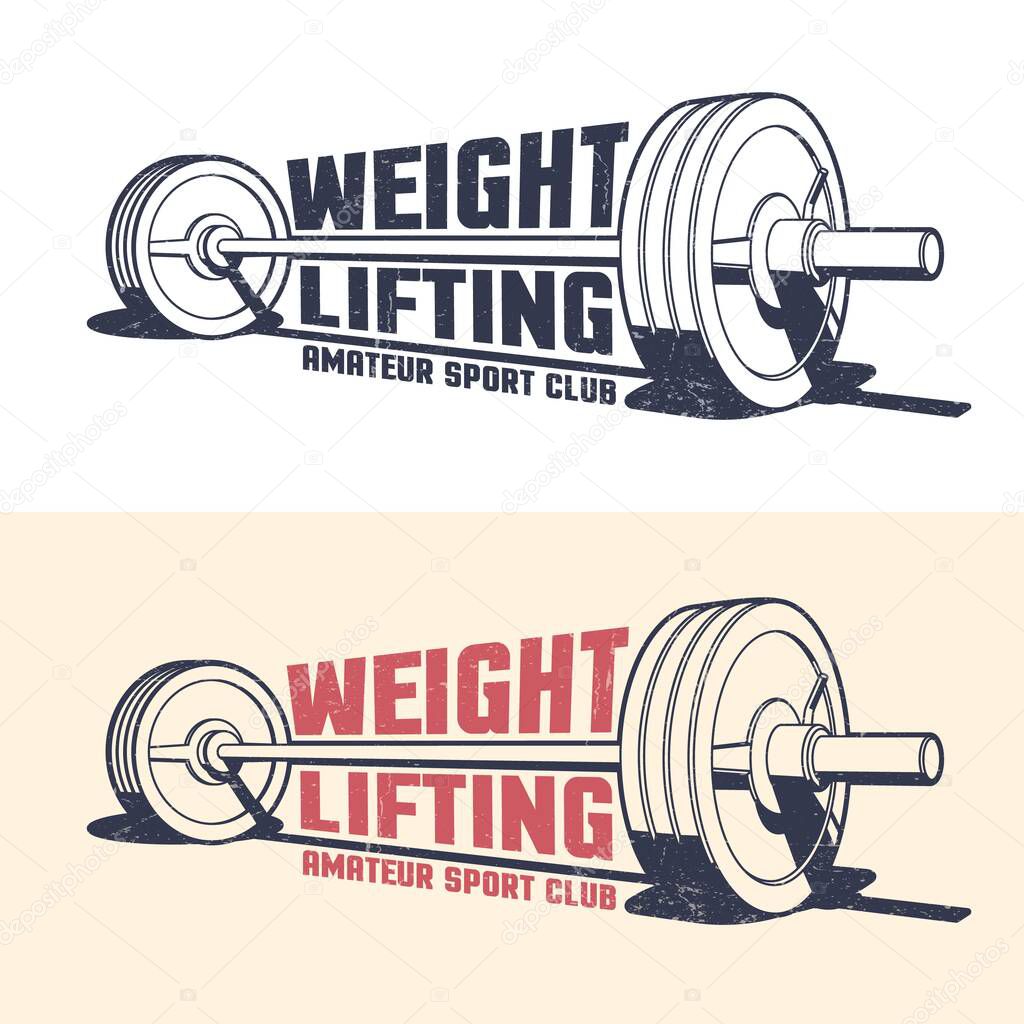 Weightlifting athleticism vintage emblem with barbell in stamp style. Grunge worn textures on separate layer