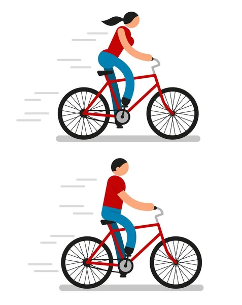 Pictogramas coloridos de homens e mulheres andando de bicicleta — Vetor de Stock