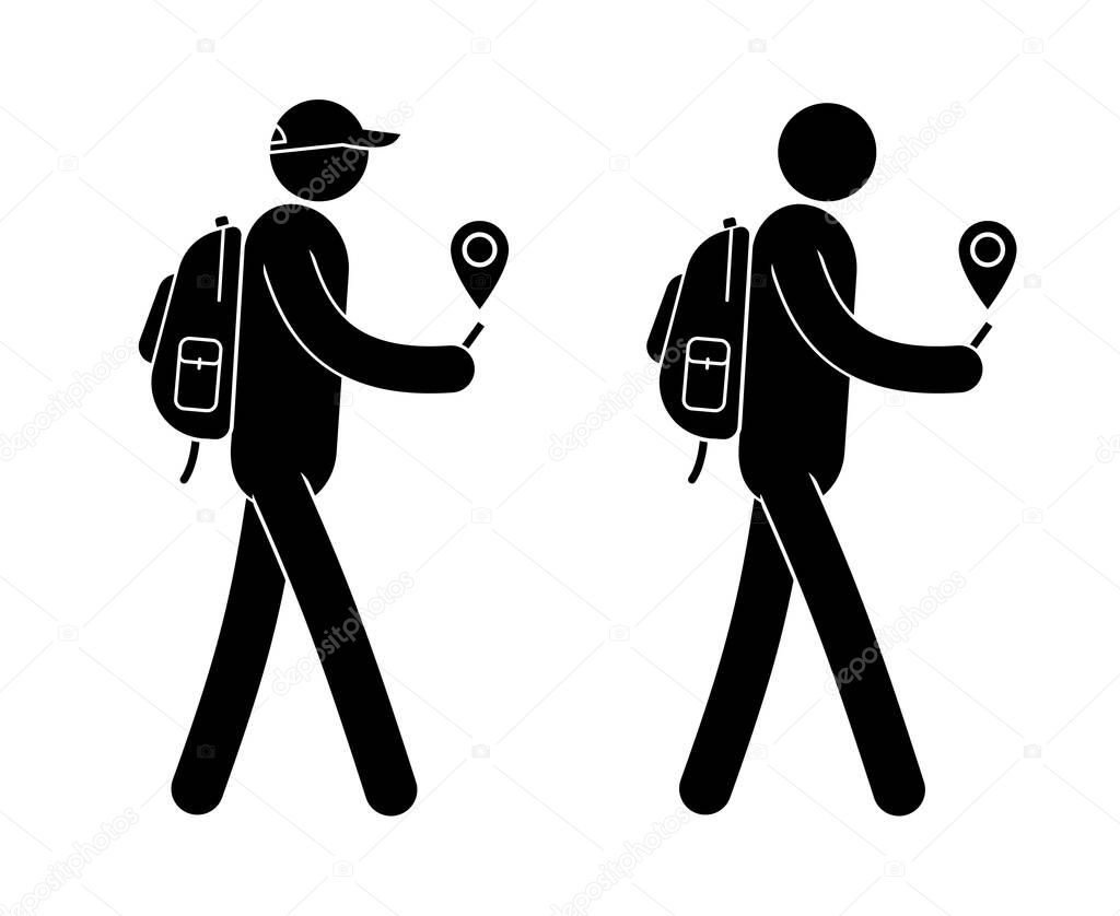 Pictogram man with small backpack is guided along the GPS