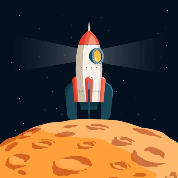 Cartoon raket ruimteschip op het oppervlak van de maan — Stockvector