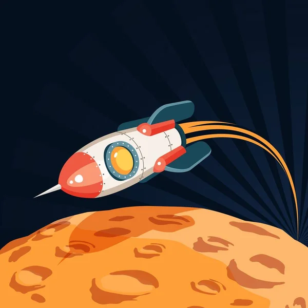 Space rocket flies over the surface of the planet like a moon — Stock Vector
