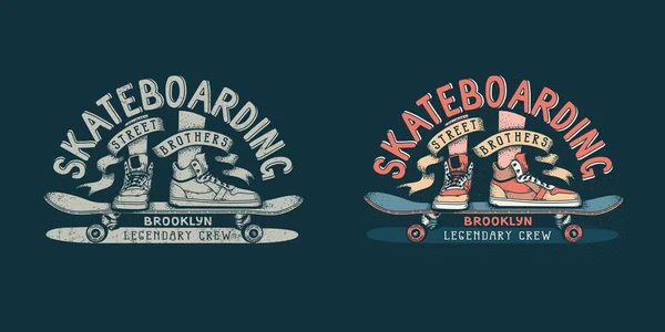 Skateboard brooklyn retro emblem med ben i sneakers och skateboard — Stock vektor