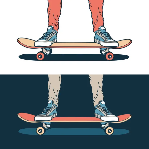 Beine in klassischen blauen Turnschuhen stehen auf einem Skateboard — Stockvektor