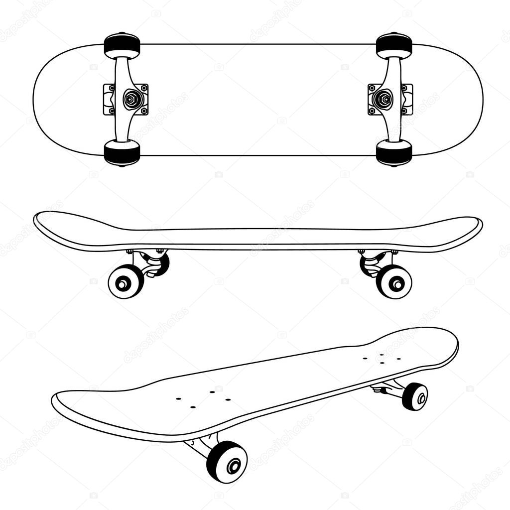 Classic skateboard view from the side, bottom and at an angle