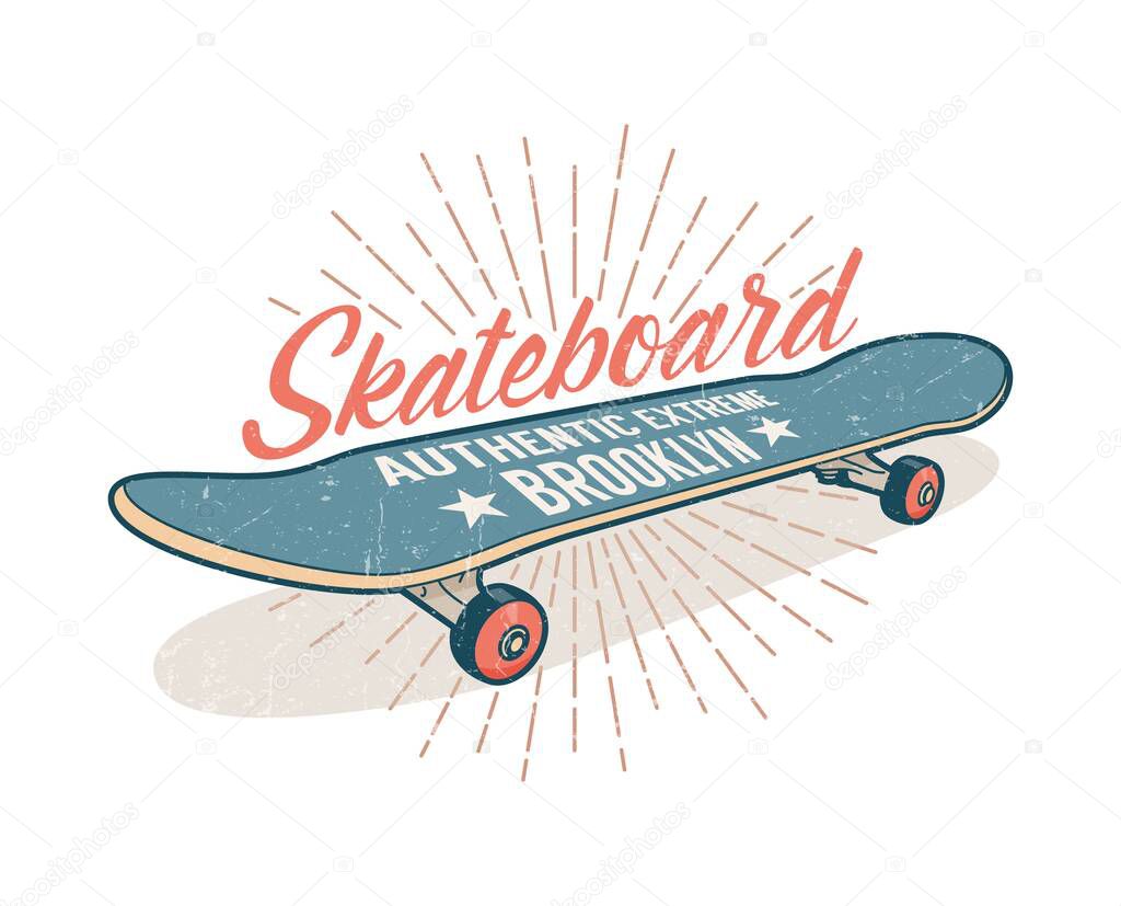Skateboarding retro emblem with a gray blue skateboard. Grunge texture on a separate layer.