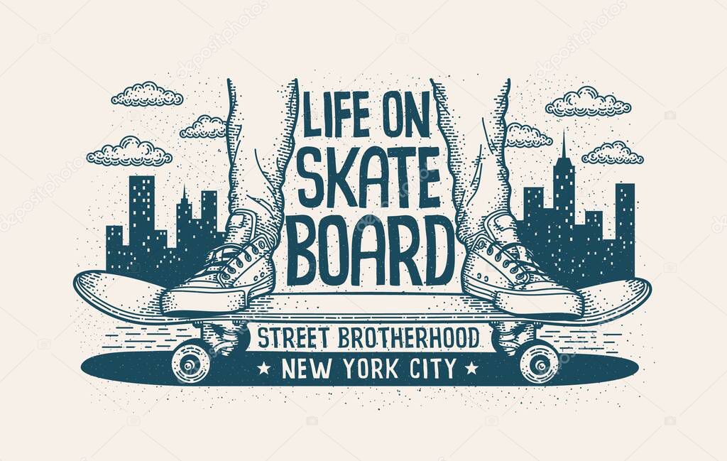 Legs in sneakers on skateboard urban authentic retro illustration