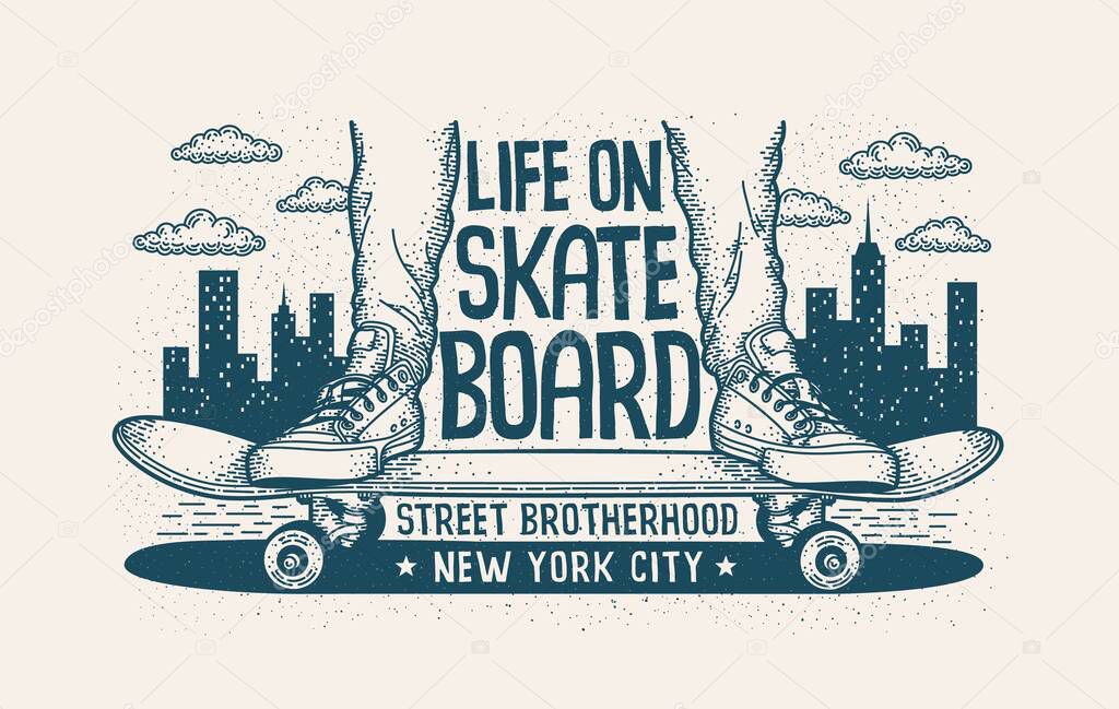Legs in sneakers on skateboard urban authentic retro illustration in tattoo style