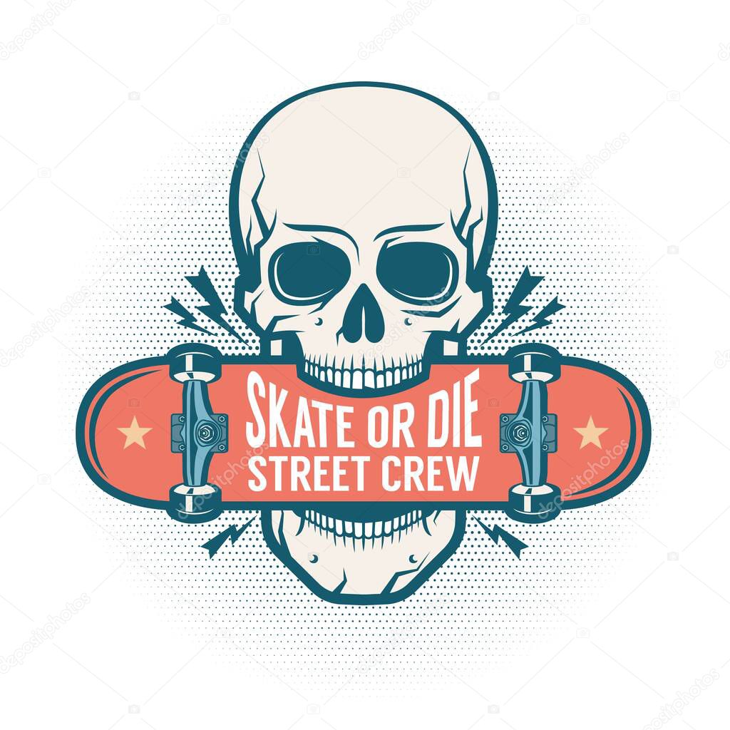 Skull holds a skateboard in his teeth - a logo in a street retro style