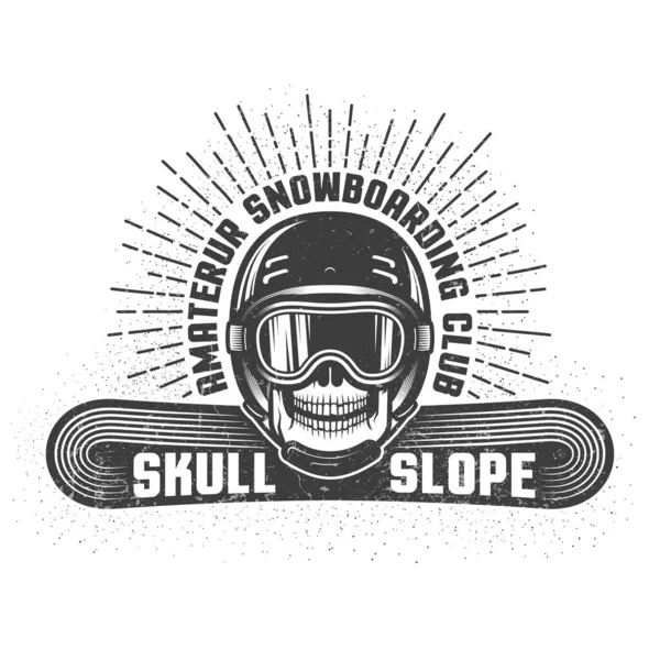 Snowboarding logotipo retro com crânio no capacete e óculos de desporto — Vetor de Stock