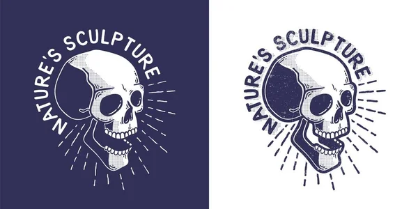 Hipster pseudo 3D skull in half a turn - nature sculpture inscription — Stock Illustration Hipster pseudo 3D skull in half a turn - nature sculpture inscription Stock Illustration