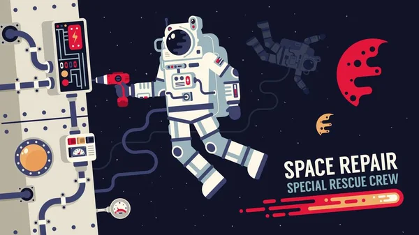 Astronaut i rymddräkt reparerar ett rymdskepp i yttre rymden — Stock vektor