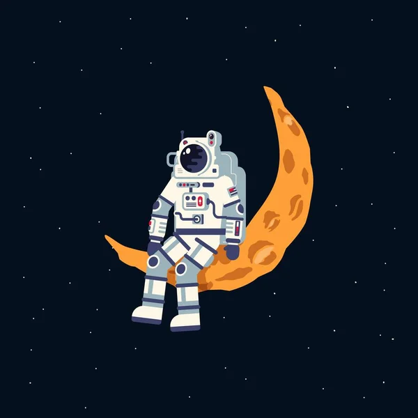 Een astronaut in een ruimtepak zit op de maansikkel — Stockvector