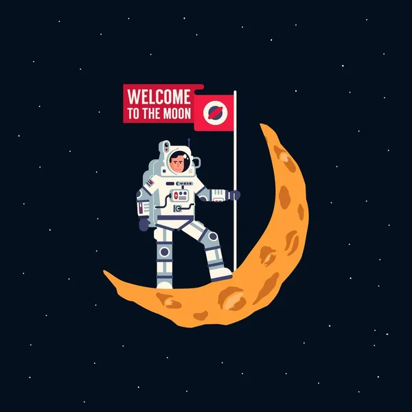 Astronauta en traje espacial está de pie en la luna creciente con bandera voladora — Archivo Imágenes Vectoriales