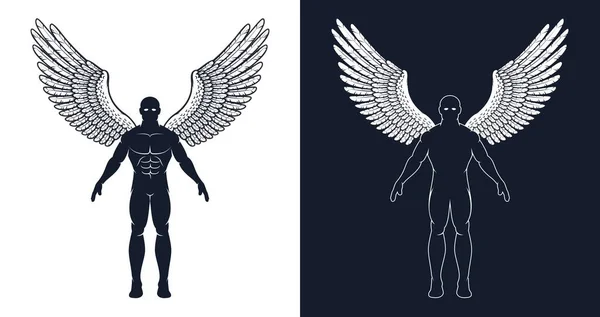 Un homme musclé avec des ailes est comme un super-héros ou un ange noir — Image vectorielle