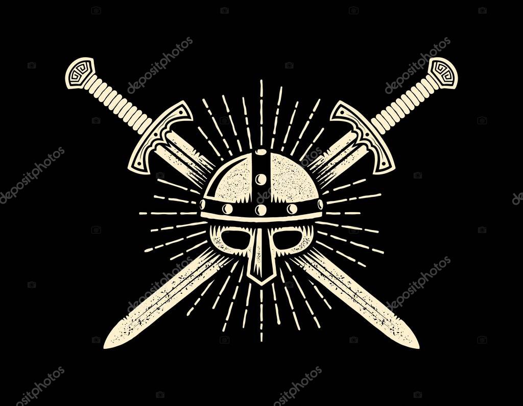 Medieval knightly emblem with helmet and crossed swords. Viking mascot. Vector illustration.