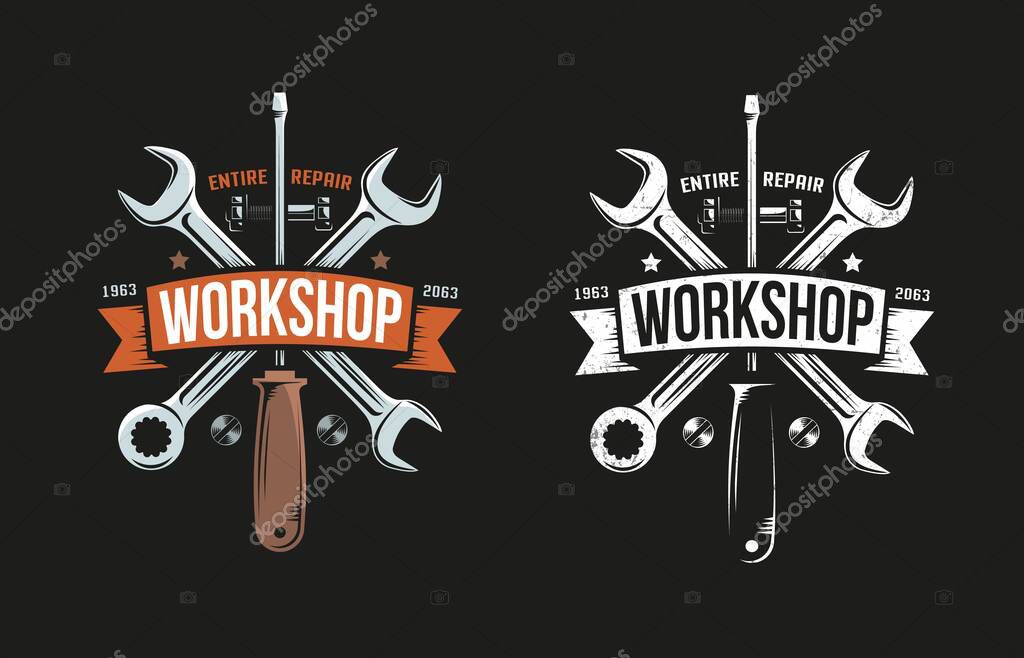 Workshop retro logo with wrench, screwdriver and heraldic ribbon. Black background. Color and monochrome versions. Grunge worn texture on separate layer and easily turn off.
