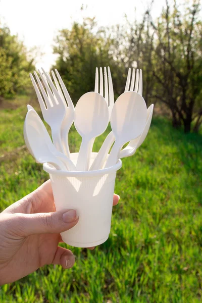 Cuillères Fourchettes Jetables Dans Verre Matériaux Biodégradables Vaisselle Faite Amidon — Photo