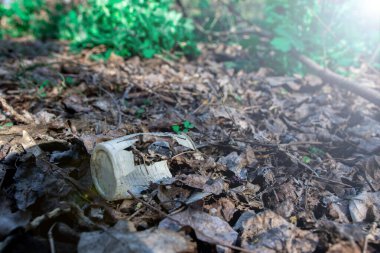 Doğada tek kullanımlık plastik bardak. Çevre kirliliği kavramı. Güneş parlıyor. ekoloji sorunları