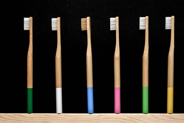Bamboo Toothbrushes Slate Background Place Text — Stock Photo, Image