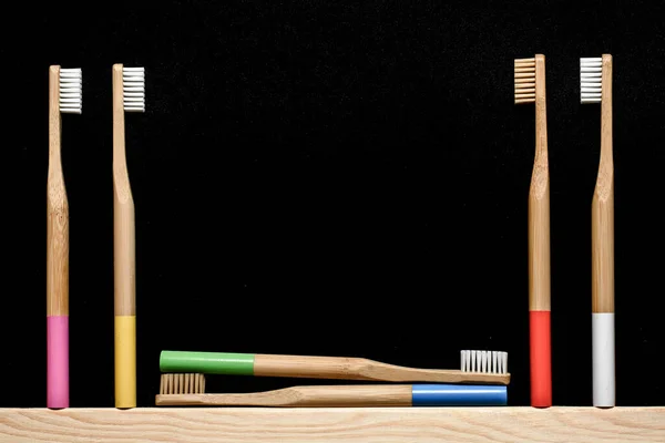 Bamboo Toothbrushes Slate Background Place Text — Stock Photo, Image