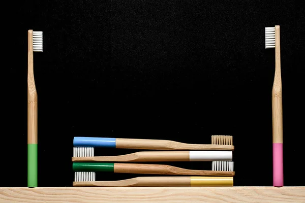 Bamboo Toothbrushes Slate Background Place Text — Stock Photo, Image