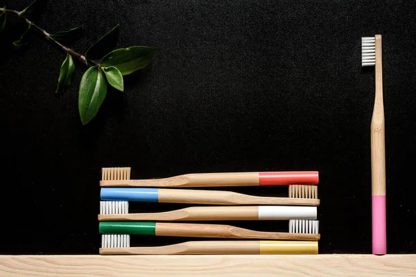 Bamboo Toothbrushes Slate Background Place Text — Stock Photo, Image