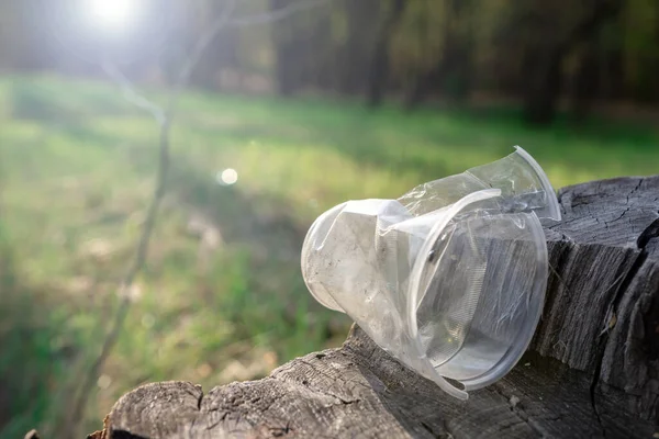 stock image Broken disposable cup on the nature in the park. environmental pollution. eco friendly concept. non-degradable debris. Sun flare.