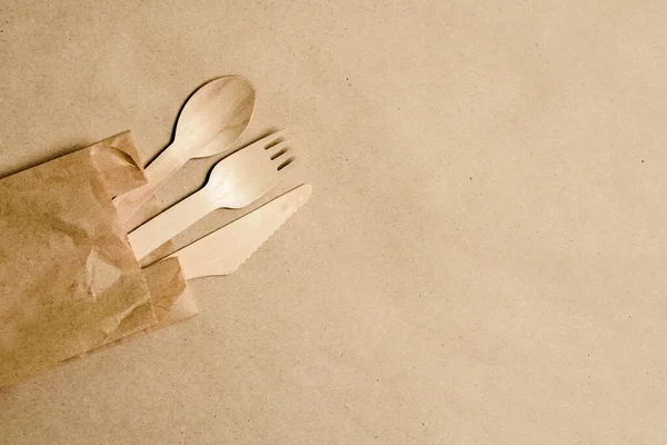 Одноразовая Посуда Натуральных Материалов Деревянная Ложка Вилка Нож Экологически Чистые — стоковое фото