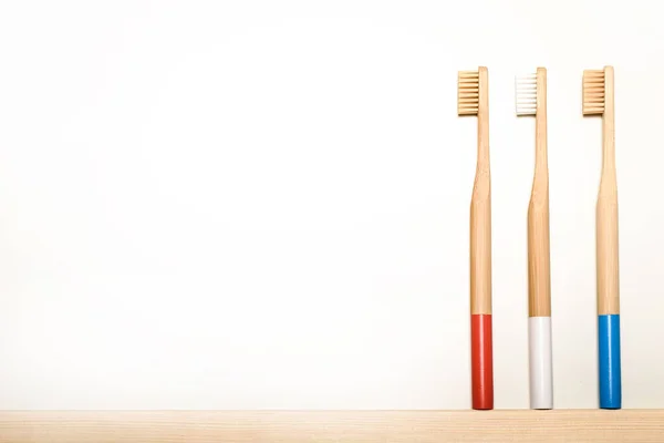 Full Colours Bamboo Toothbrushes White Background Place Text Ecoproduct Eco — Stock Photo, Image