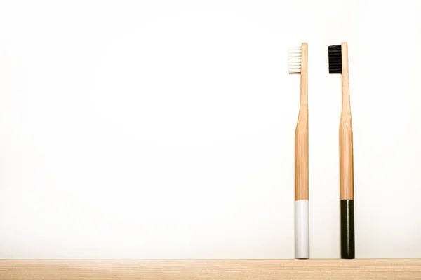 White Black Bamboo Toothbrushes White Background Place Text Ecoproduct Eco — Stock Photo, Image