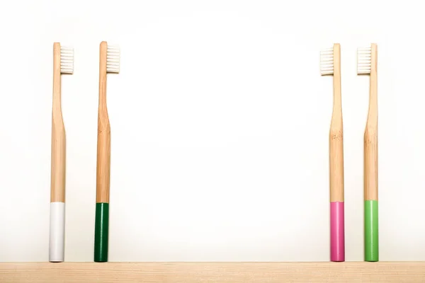 Full Colours Bamboo Toothbrushes White Background Place Text Ecoproduct Eco — Stock Photo, Image