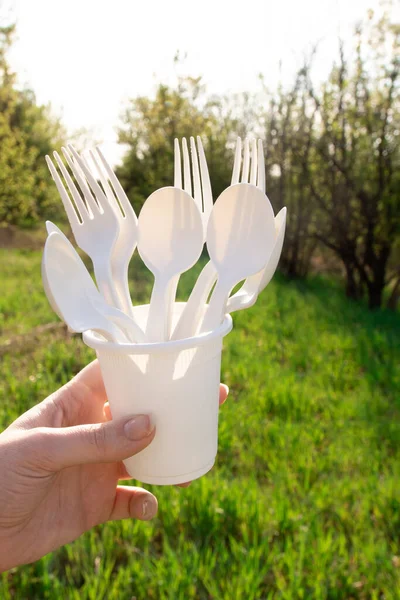 Cucharas Tenedores Desechables Vaso Materiales Biodegradables Vajilla Hecha Almidón Maíz — Foto de Stock