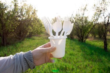 disposable spoons and forks in a glass of biodegradable materials. tableware made of corn starch in the breed. glare. eco friendly. friendly with nature. modern replacement for plastic. clipart