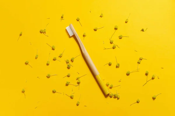Sarı Arka Planda Doğal Bambu Diş Fırçası Çevre Dostu — Stok fotoğraf