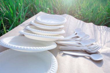 Doğadaki bir piknikte biyolojik olarak ayrıştırılabilir mısır nişastası yemek takımı. El işi kağıdındaki çimen gölgesi. Çevre dostu. kaşık, çatal, tabaklar çevre dostu malzemelerden. Plastiğin yerine modern.