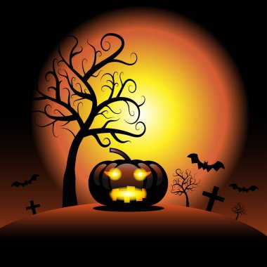 Cadılar Bayramı Balkabağı örümcek ağı ve koyu ağaç arka plan, Vector Illustrator ile ürkütücü 